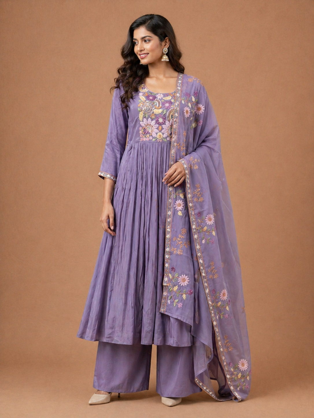 Lavender Mul Chanderi Embroidered Anarkali Kurta Set with Dupatta